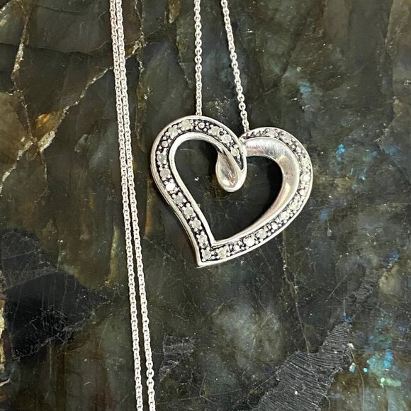 Sterling Silver 925 AFJC Diamond Asymmetric Heart Pendant Necklace 18" Chain - Picture 4 of 16